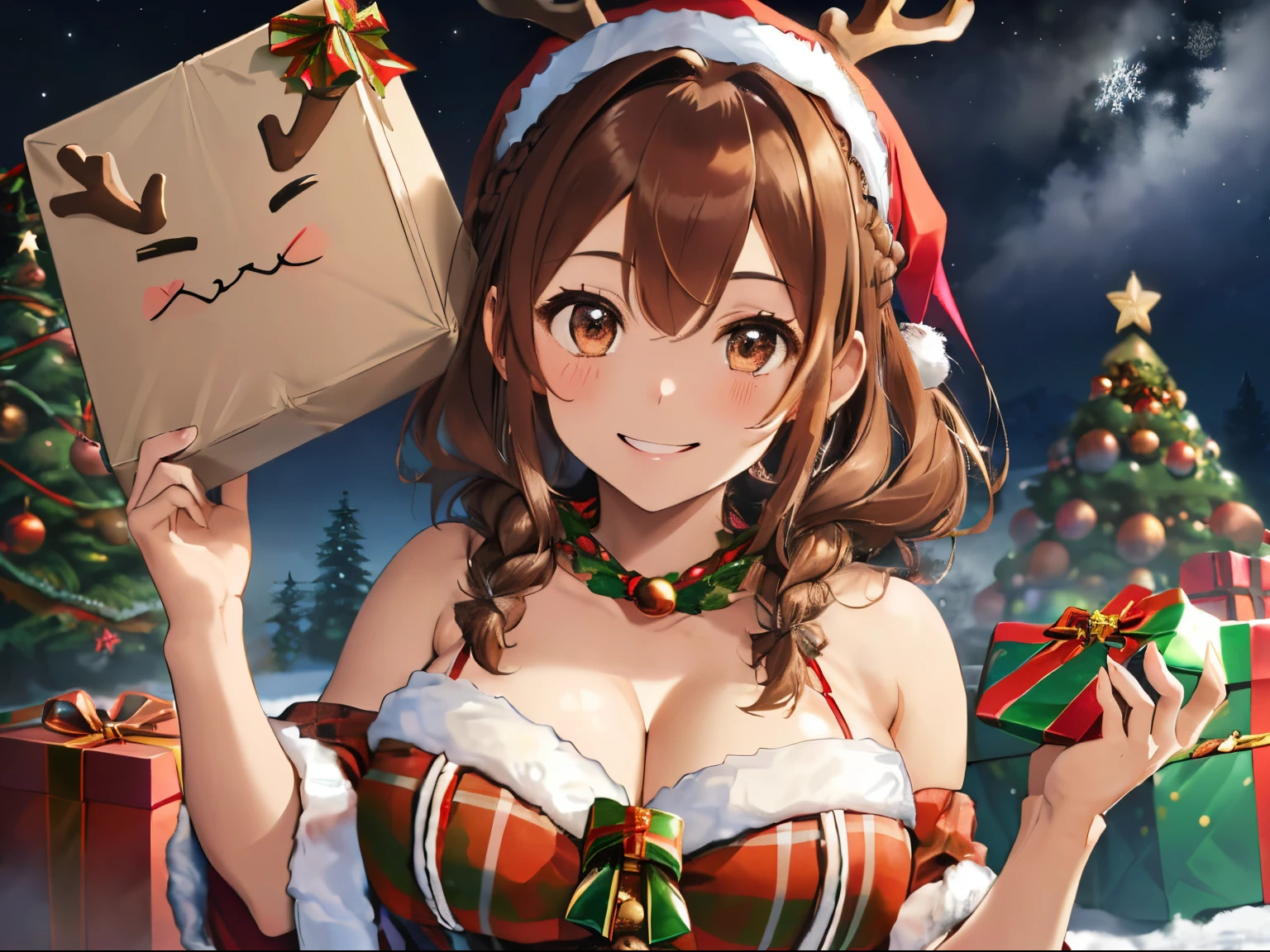 fluffy hair,((brown haired)),(Braided shorthair),Slightly red tide,((Brown eyes)),((Fluffy Santa Claus cosplay)),(Her chest is wide open and you can see her cleavage.),(She wears a red and green plaid scarf around her neck......),((reindeer hair band)),night illumination,(You can see a huge Christmas tree in the background,There are many presents and decorations scattered around.....(close up of face),(i&#39;i&#39;I&#39;ll give you a box of presents.),((Happy smile)),(Naughty face),((Gamine))