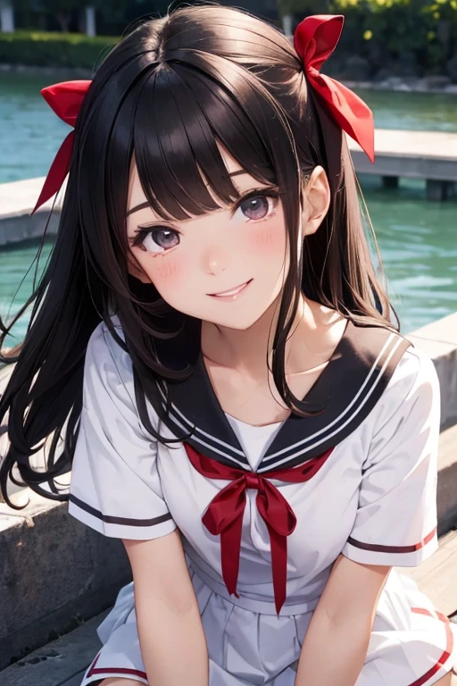 Smiling dark-haired girl in white sailor suit with red ribbon