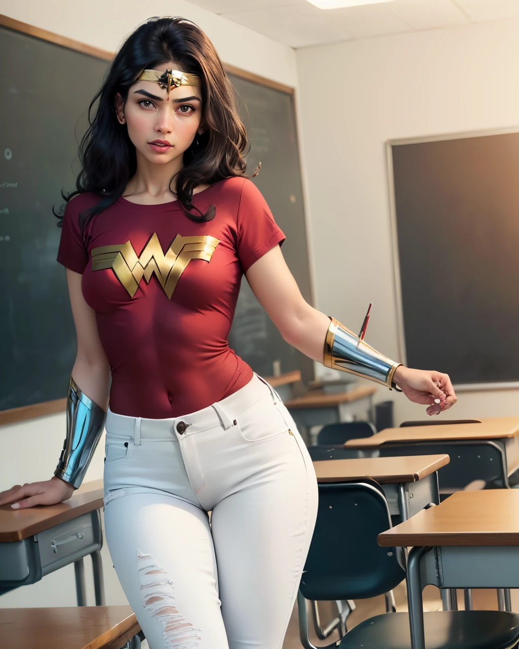Indian teacher in a Red Wonder Woman t-shirt and white jeans