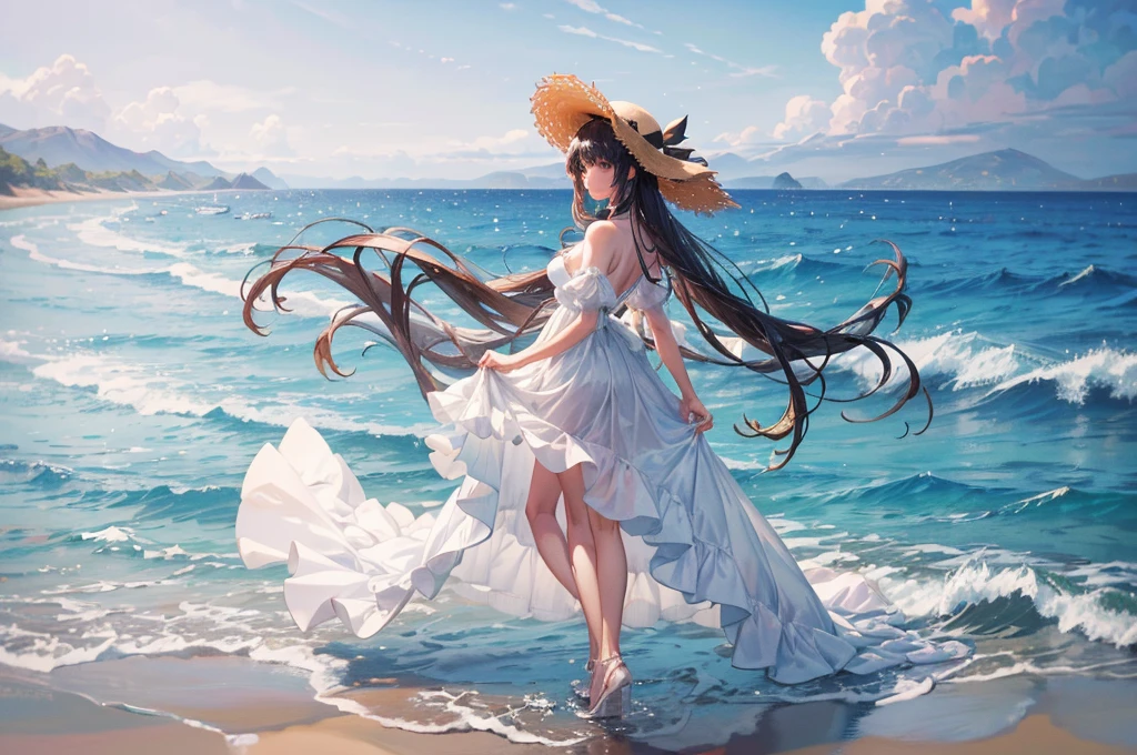 (masterpiece,best quality,8k,ultra-detailed:1.3), (landscape photography:1.5),a tall girl is standing on the beach,(extreme long shot:1.6),perfect face,perfect eyes,anime style,black hair,(((white dress))),straw hat,(((distant view,expansive vista,horizon))),gentle breeze,swaying hair, hold down the straw hat with your hand, tiny breasts,clear sea,blue sky,white sandy beach,bright small shells,bright, detailed background,super fine,fine-textured,no nsfw
