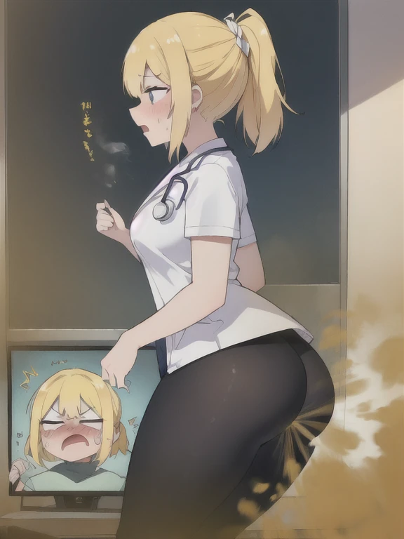 ((velocity)),Yellow smoke,Attacked by farts, (((Women a doctor))),velocity,(Yellow smoke is rising),i'i'i'i'i'i'medical room)),((One Woman)),((A girl smells a fart and gets scared)),(masterpiece:1.2、top-quality)、(the Extremely Detailed CG Unity 8K Wallpapers、ultra-detailliert、Best Shadows)、(细致背景)、(The best lighting、extremely delicate and beautiful)、depth of fields、1girl in、独奏、facing the screen、closed her eyes,Women doctor,Ephemeral,,(ponytail),(blonde)),((((Girl is surprised when she smells the bad smell of farts)))),outfit like a doctor(wearing hijab and tight legging),((((profile facing diagonally)))),((i'I opened my mouth in surprise....)),((Looking you)),((Scared look)),((massive fart)),((fart text)),(())