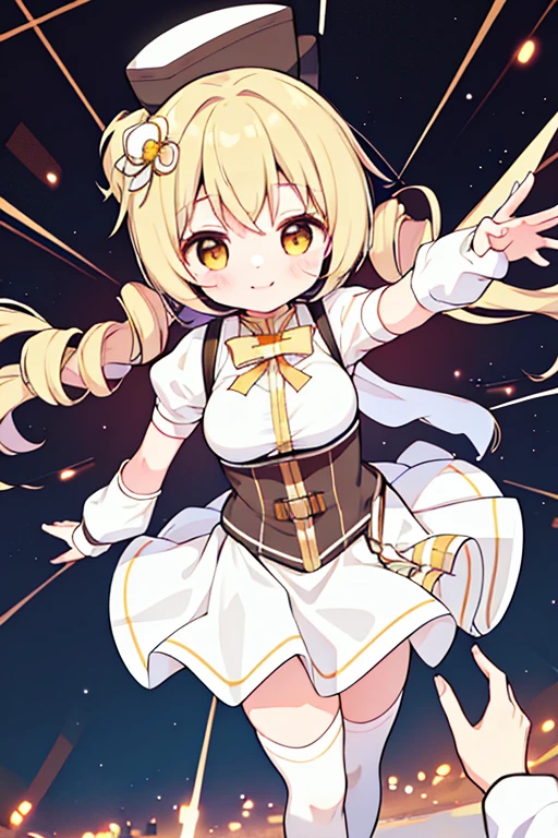 Kagamine rin , wearing red sweater , wearing a white miniskirt with gold horizontal lines , Using headphones , viendo al espectador.