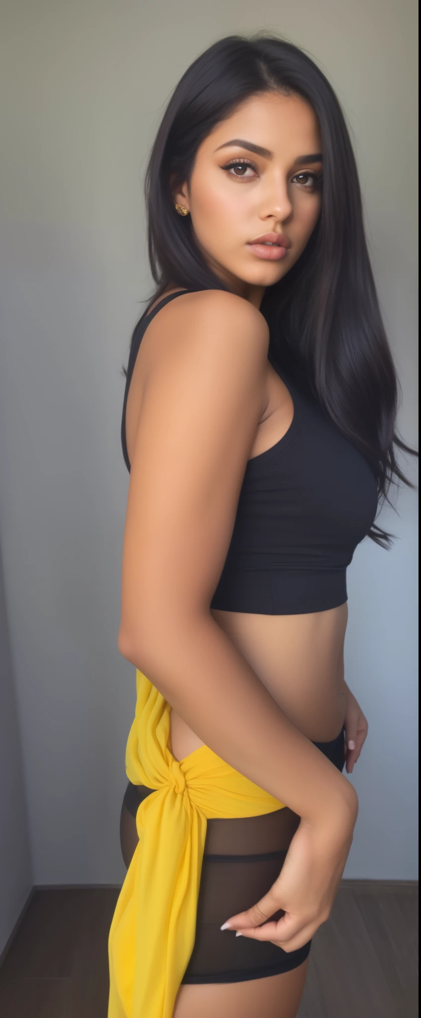 mulher arafa com blusa preta e saia amarela posando para uma foto, 2 Modelo feminina de 4 anos, cintura - tiro, corpo quente sexy, tiro do meio cintura para cima, mostrando o ombro de costas, long curvy black hair, hands behind her body pose!, corpo sexy, her navel is exposed, pose sexy, fit curvy physique, pose muito sexy