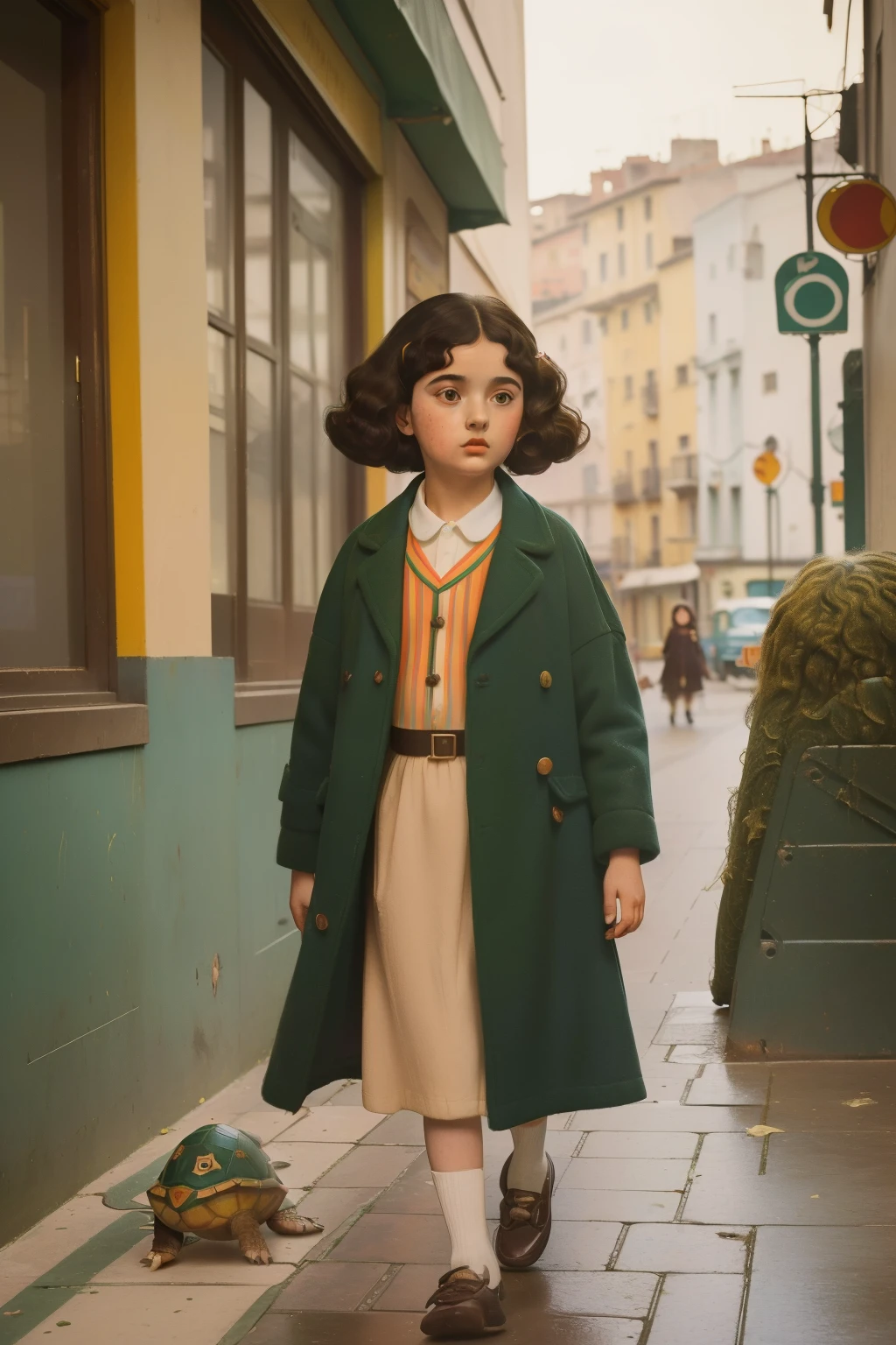 1965, Italy. Pre-raphaelite ((((9-year-old)) Momo)), homeless girl, messy short curly hair, oversized coat, city street, walking next to a big turtle, ((((big and unkempt Clothing from the 1960s)))), ((curly Hairstyle of the 1960s)), ((Wes Anderson cinematic style)), colorful