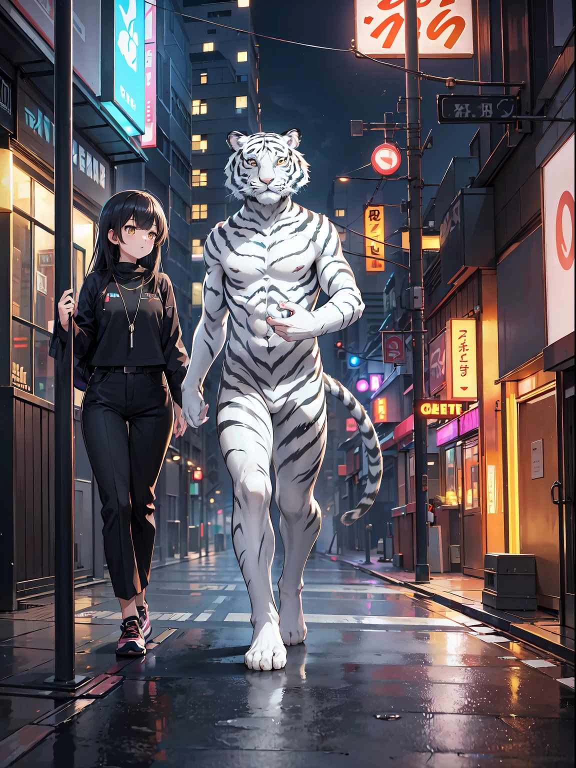(RAW Photos, Best Quality), (animesque: 1.2), (((the white tiger))), (quadrupedal walking), ((Surrounded by a pale aura:1.2)), (((Glowing eyes))), Soft lighting, High quality, Cityscape, street, Night, Neon light, Professional Lighting, Photon mapping, Radio City, Physically Based Rendering,