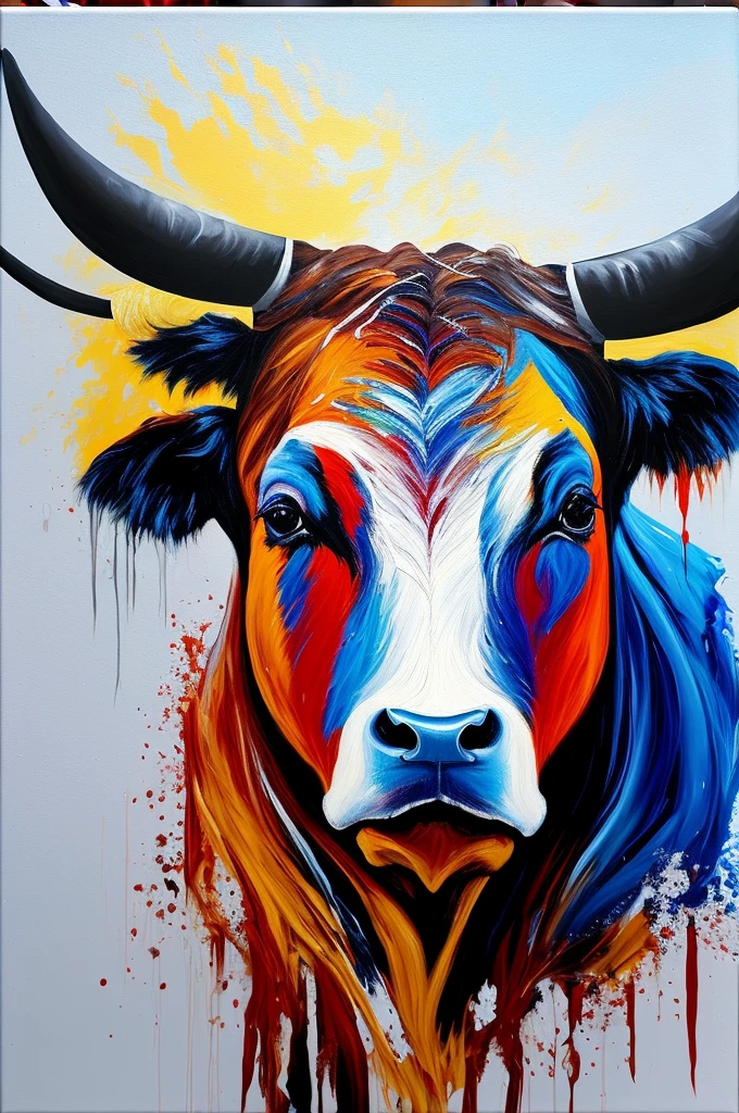 Bull painting on human head with acrylic technique on canvas