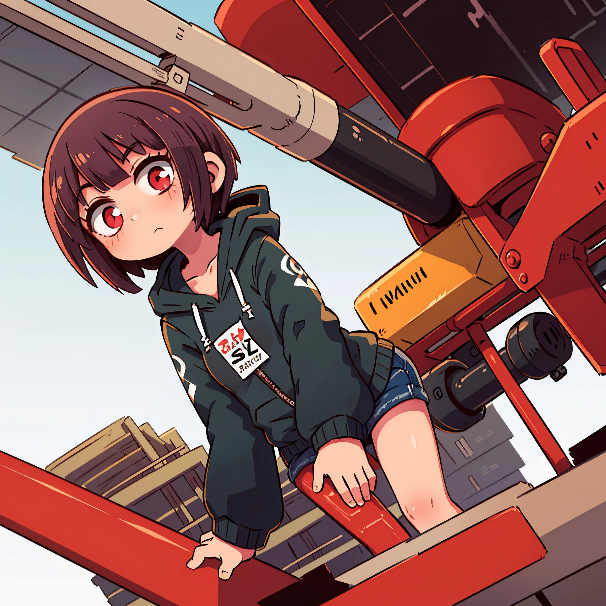 1girl, wearing a gray hoodi, headshot, wolfcut hairstyle, black hair color with red streaks, good proportion, high quality, smooth color, little girl, at the construction site