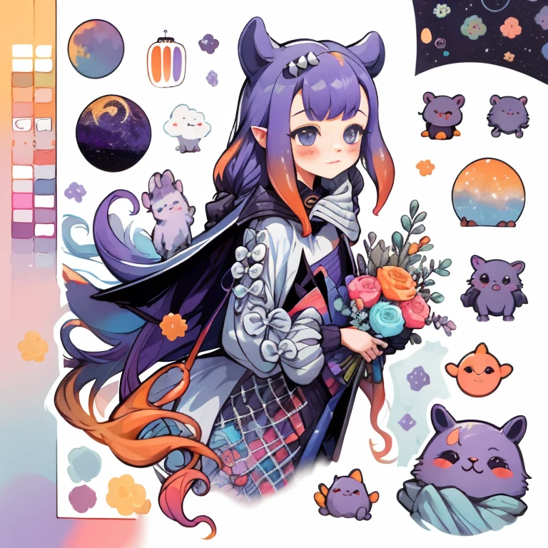 1 sticker, handbook, (Sticker, 1 girl, purple and orange hair, luna. veil, bouquet, Separating elements), watercolour, whitebackground, Simple background, minimal, Cute, tiny, Color: pastel colours, vector style, No gradient,