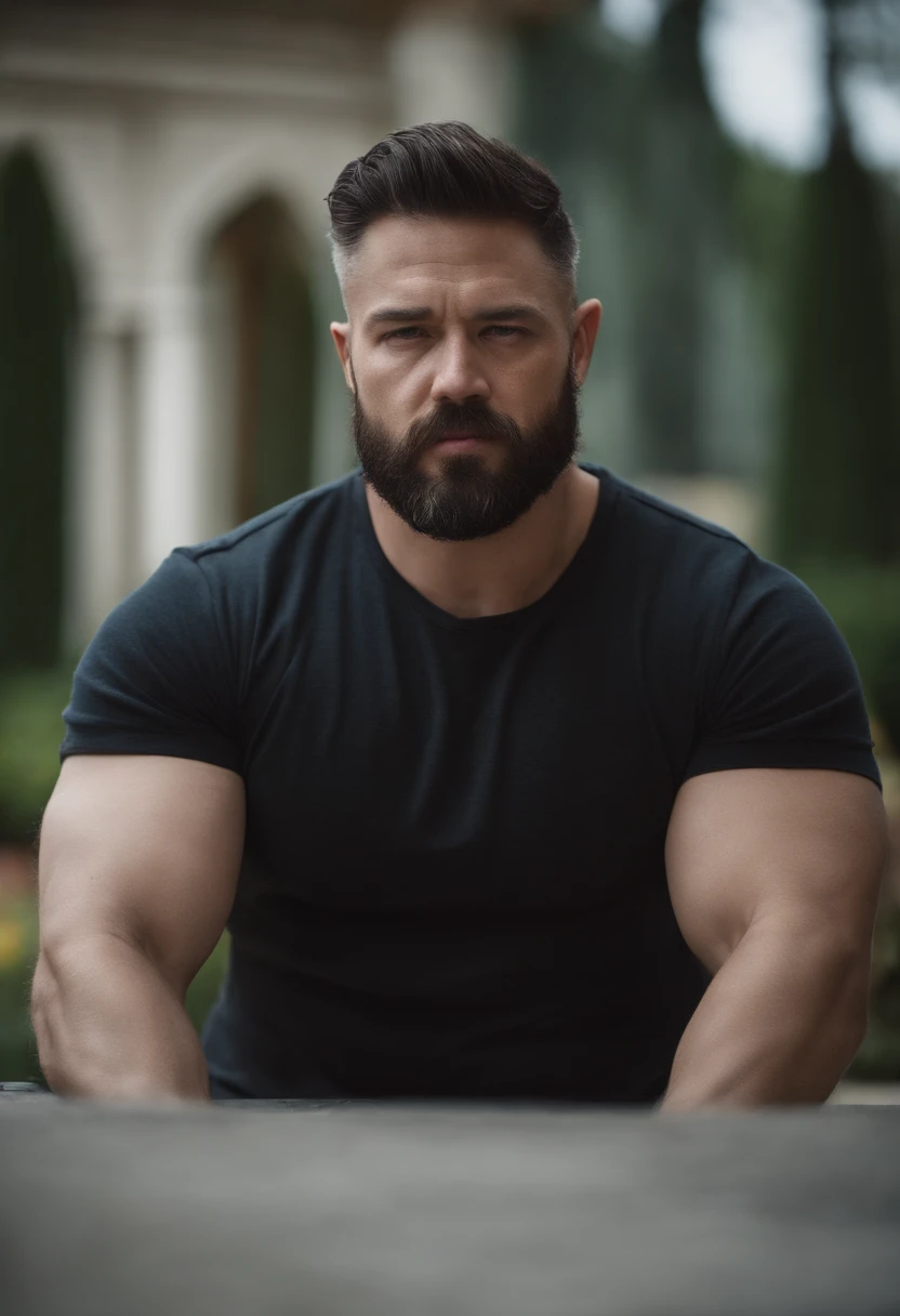 Intense cinematic scene, fat man uncle，slightly bearded，strong body，short dark hair, short-hair, thick arm muscles, thick leg muscles, bbw, strong, fat middle aged man, FULL BODYSHOT, medium hair shaved sides, strong, Muscular, Large protrusions