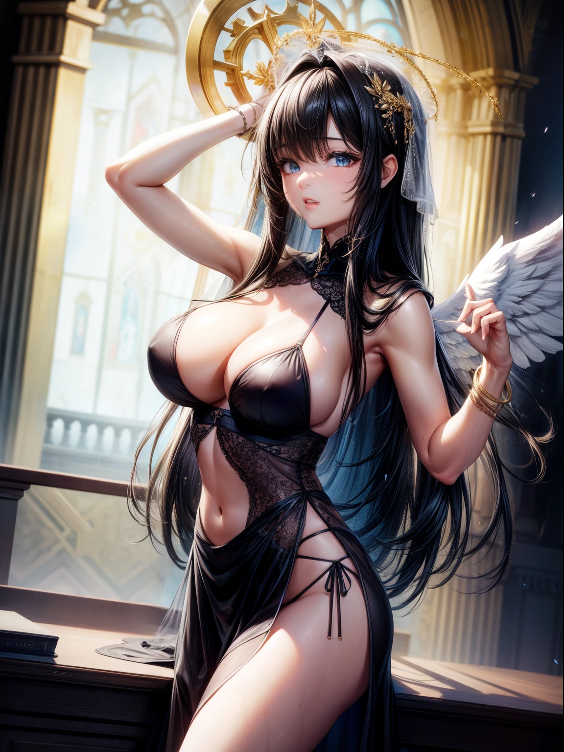 （8K ，hyper-detailing，ultra real photo，Best masterpiece，natural，Perfect artwork，Perfect female body），Cute busty girl ，Hair color，（Big tits），Angelic，obsessed，the angel's wings，The halo，Beautiful church，beautiful rain of petals，Gorgeous accessories，golden brilliance，Wearing a see-through sexy black gauze skirt，Sexy transparent black dress，ssee-through，Built-in thong，The cracks are relatively large，stretch the meat，Raised sexy，Flirtatious，obscene exposure