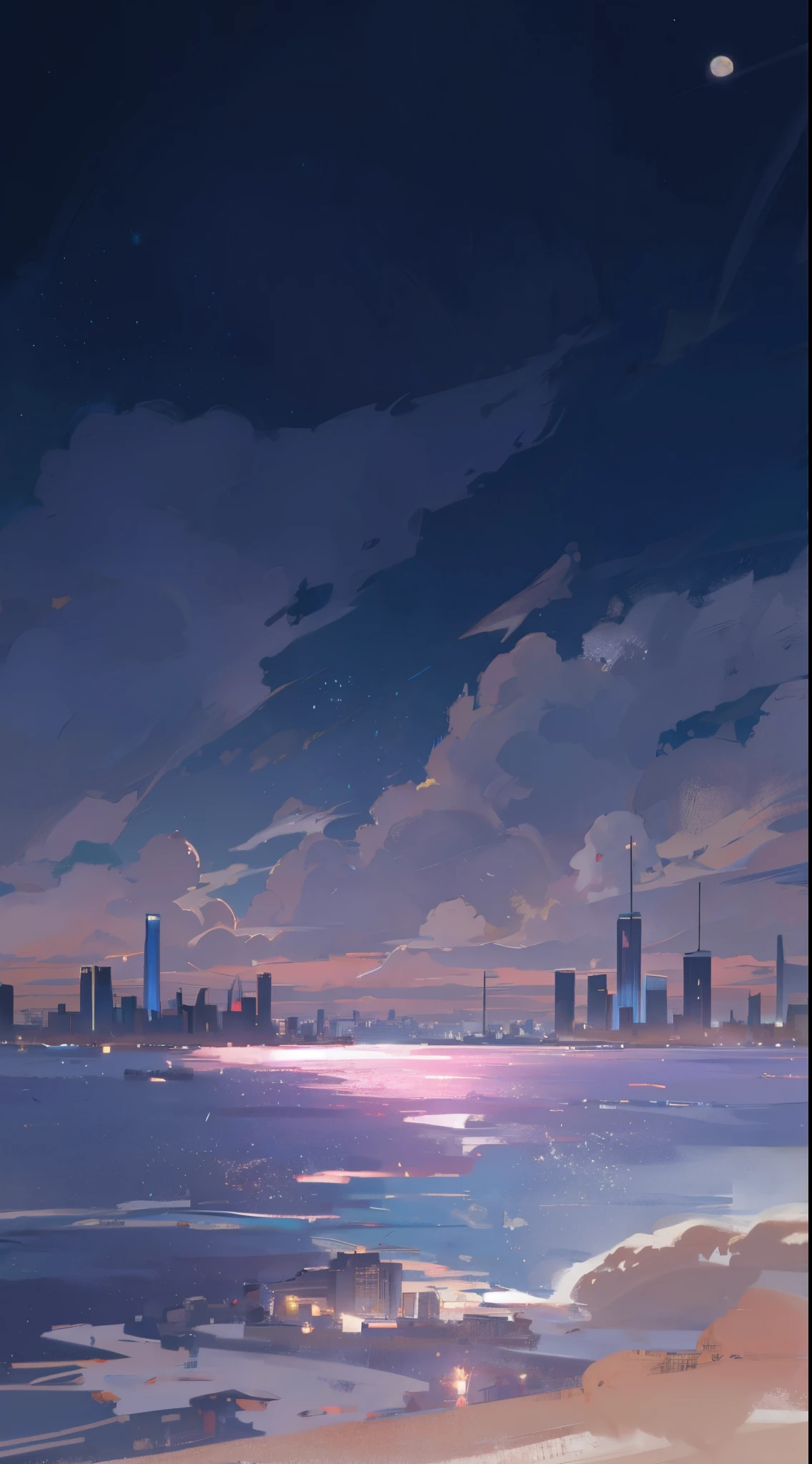 8K,high high quality!!Detail Enhancement!!Highest image quality!!Night city skyline painting,There is a beach,Sea water is spraying,There are layers of cumulus clouds in the sky,The moon is at sea level., distant cityscape, distant city, city night scene, city in the distance, shiny city in the distance, city dusk landscape, calm evening. Digital illustration, looking over city, natta ; digitial painting, day cityscape, anime style cityscape, dusk skyline, Atmospheric. digitial painting, Speed painting, Twilight background