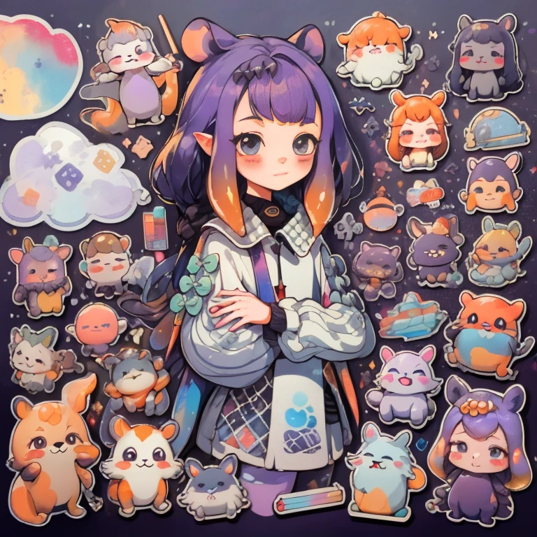 1 sticker, handbook, (Sticker, 1 girl, purple and orange hair, Separating elements), watercolour, whitebackground, Simple background, minimal, Cute, tiny, Color: pastel colours, vector style, No gradient,