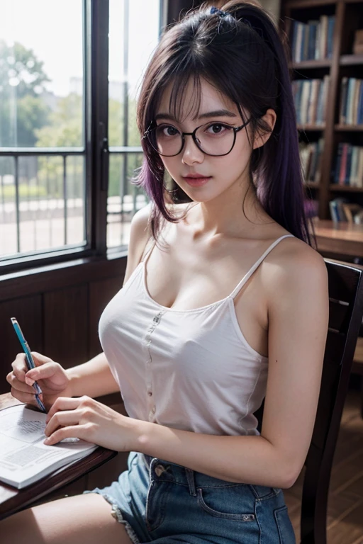 16-year-old woman, streaked hair, Beautiful hairstyle, transparent thin frame glasses, thinking face, ssmile （Wear button-down shirts, ）, sitting down, Learn, intermittently, lying on the table, get a pencil, opened book, glass of milk, table light, intermittently, In the library, Wall decoration, Mini library, glass window, wall clock, intermittently, 电影灯光, realistically, tmasterpiece, Best quality at best, Complex CG, The face is very detailed, High detail eyes, There is milky white liquid flowing on the surface of the  skin, purple hair, high ponytail