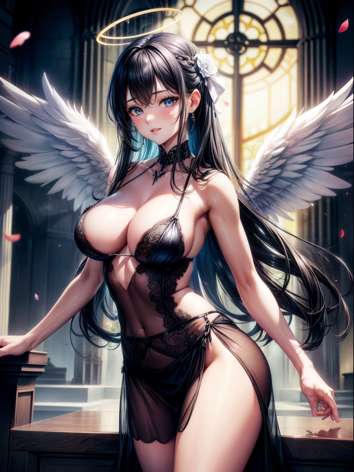 （8K ，hyper-detailing，ultra real photo，Best masterpiece，natural，Perfect artwork，Perfect female body），Cute busty girl ，Hair color，（Big tits），Angelic，obsessed，the angel's wings，The halo，Beautiful church，beautiful rain of petals，Gorgeous accessories，golden brilliance，Wearing a see-through sexy black gauze skirt，Sexy transparent black dress，ssee-through，Built-in thong，The cracks are relatively large，stretch the meat，Raised sexy，Flirtatious，obscene exposure