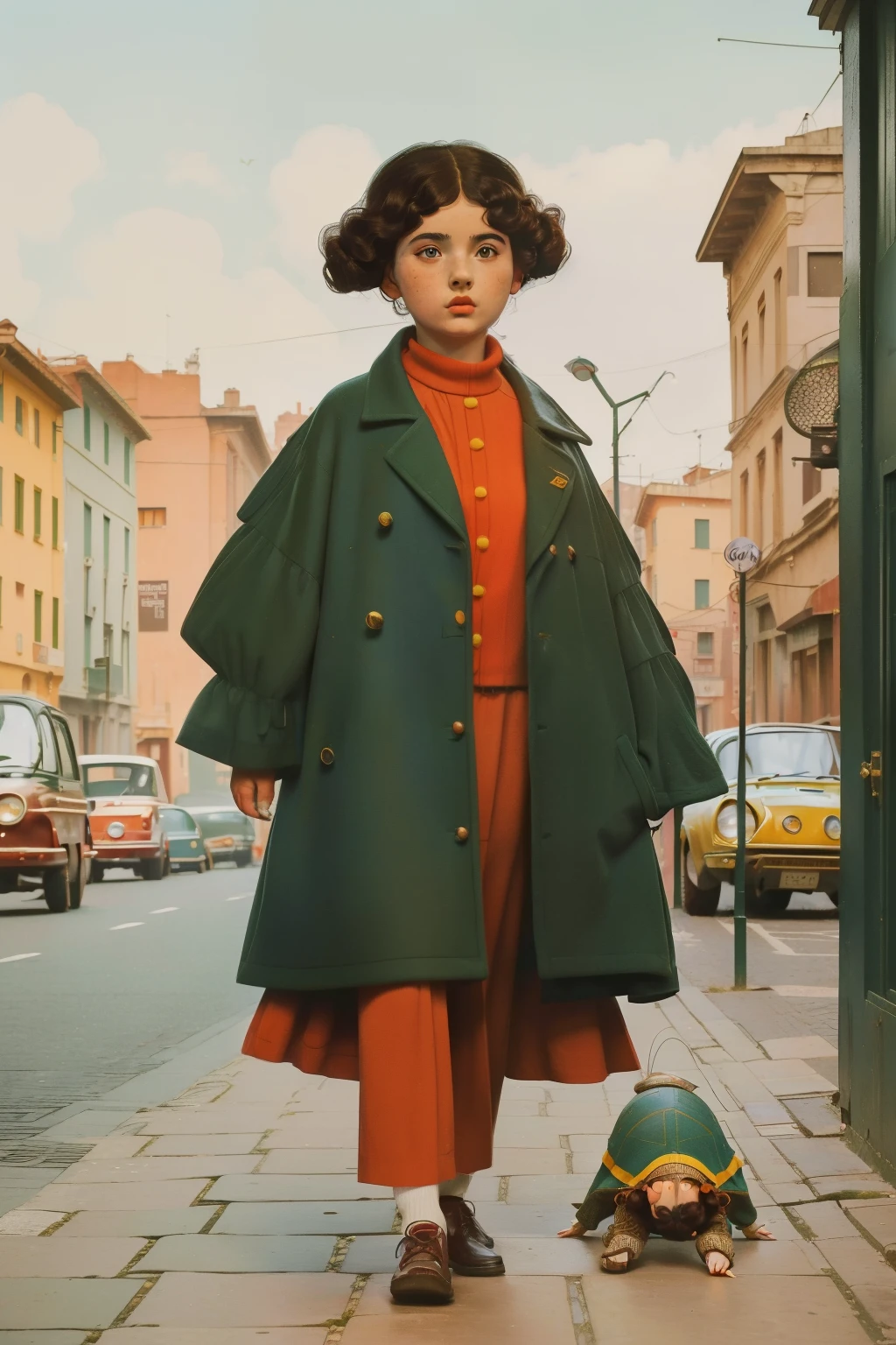 1965, Italy. Pre-raphaelite ((((9--old)omo)), homeless girl, messy short curly hair, oversized coat, city street, walking next to a big turtle, ((((big and unkempt Clothing from the 1960s)))), ((curly Hairstyle of the 1960s)), ((Wes Anderson cinematic style)), colorful