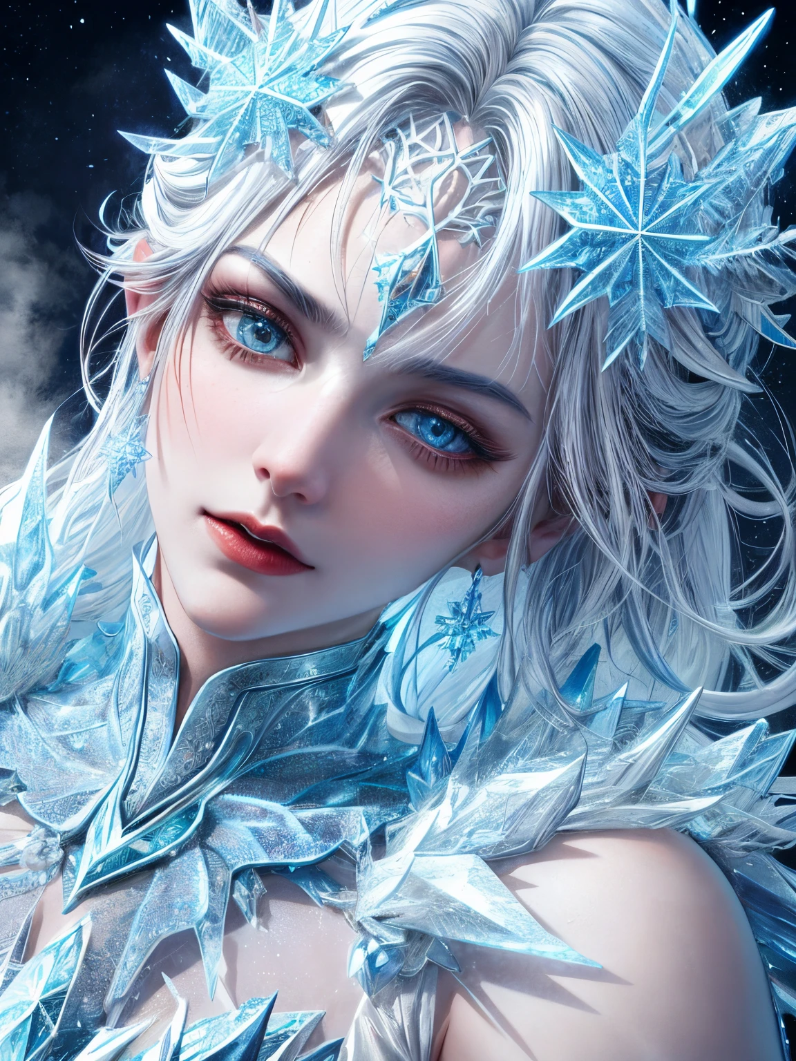 generate a celestial and colorful petite ice angel. her eyes should be beautifully detailed, extremely detailed, realistic, macro, and bright. her face should be fierce and dynamic.  include a highly detailed and beautiful face with realistic eye shading. her clothes are long and flowing and made of silk and lace and pearls. include frosty details such as snow, wind, snowflakes, cold air, and night sky. include phantasmal iridescence, shimmer, glimmer, and bumps, as well as beautiful and intricate fantasy details. this is a magical and high fantasy image. cold, frost, frost on image, frost on camera, frost on figure, intricate snowflakes ((masterpiece)), best quality, high quality, highres, intricate details, portfolio piece, bryan organ, matte, trending on art station, in the style of greg rutkowski, include magical ice creature, use shades of blue, include fur, (dynamic composition), (highly detailed), ornate, ultra detailed, detail enhancements, magical details, fantasy vibes