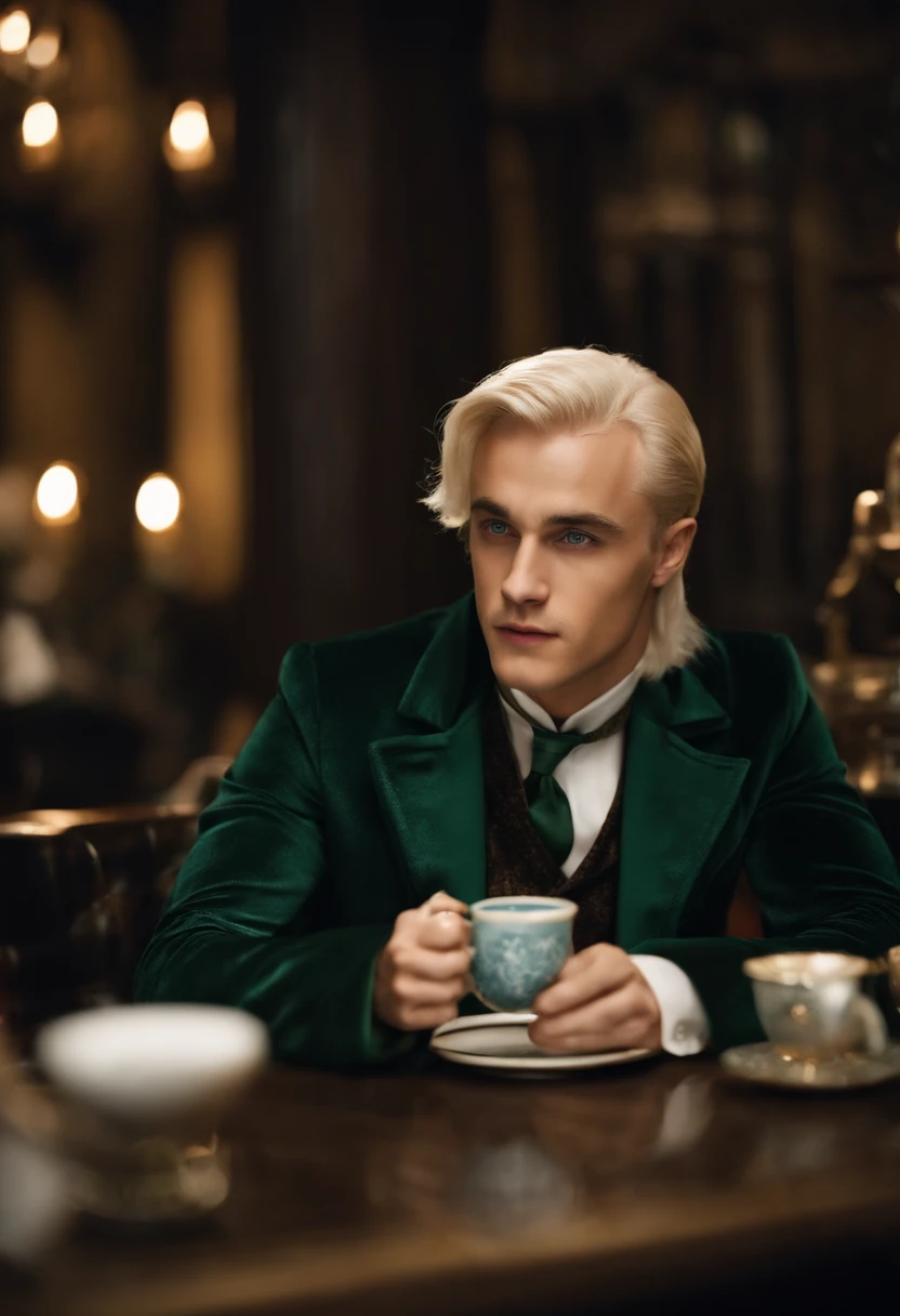 A photo of Draco Malfoy sitting in a high-end wizarding cafe, sipping a meticulously brewed cup of exotic magical tea.,Harry Potter series,Draco is tall with neat platinum blonde hair, icy blue eyes, wears Slytherin Hogwarts robes, famously portrayed by Tom Felton, male