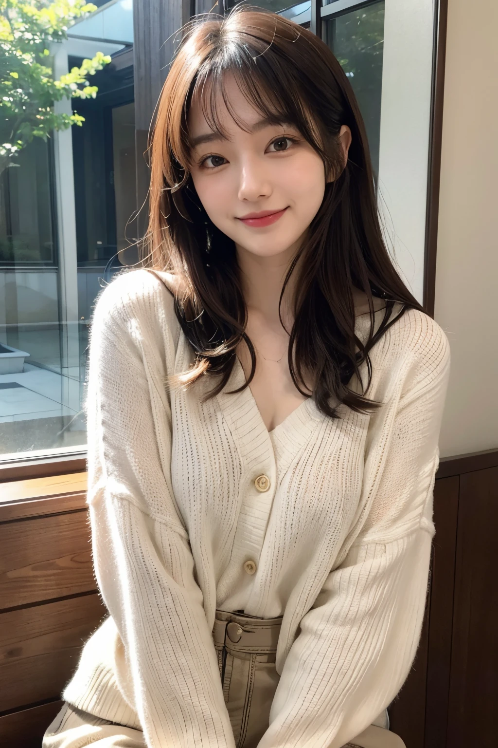 10yaers old、soio、brown haired、beautidful eyes、real looking skin、A detailed eye、hi-school girl、(8K、​masterpiece)、(reallistic、Photorealsitic)、top-quality、ighly detailed、The ultra-detailliert、Beautie、cute little、Korea person、a smile、Close-up portrait、Healthy face、schools、School uniform、Cardigan、plaid skirts