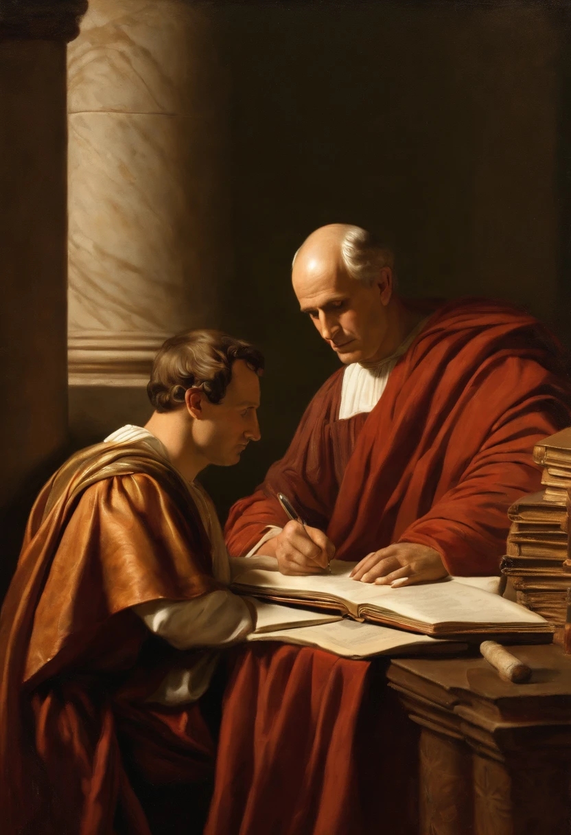 A photo of Cicero writing furiously in a leather-bound journal, surrounded by stacks of scrolls and manuscripts.,Roman Republic,Marcus Tullius Cicero has a slender and tall build with a prominent forehead and high hairline. He has a long, thin face, a straight nose and a sharp chin. He has expressive and animated facial expressions. Meticulous in his appearance. Often wears a Roman Toga. He pays attention to his hair and beard. , male