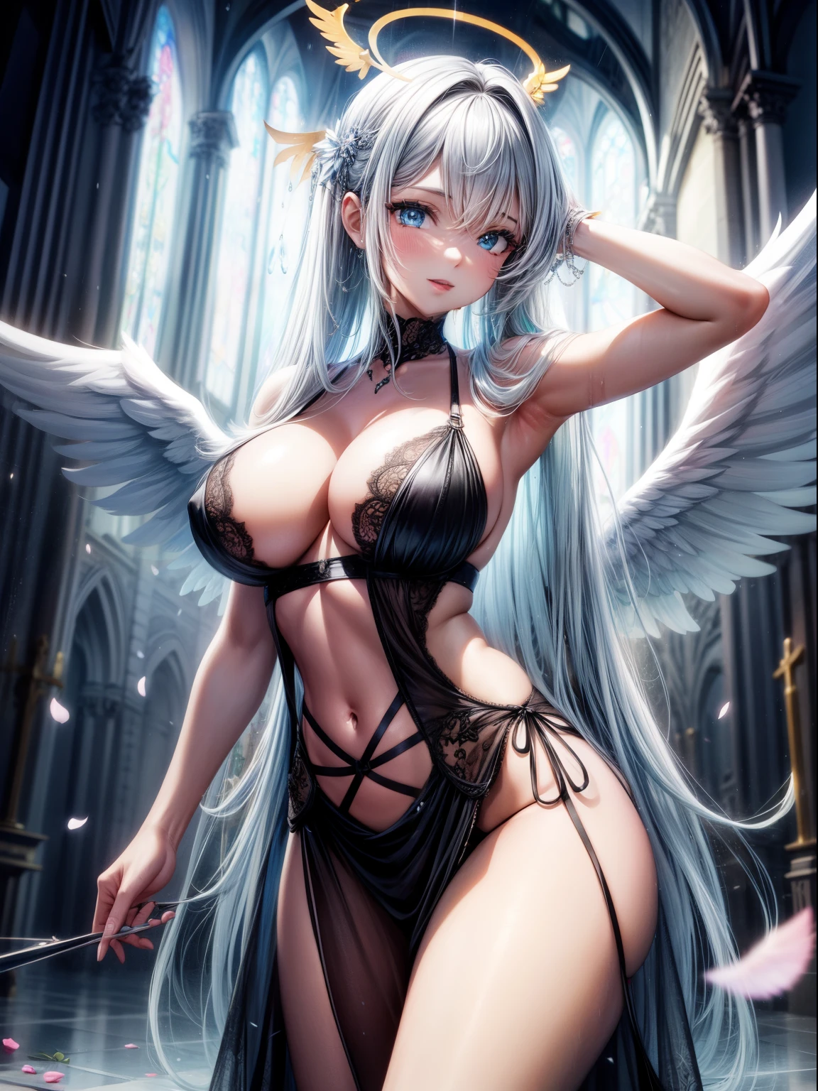 （8K ，hyper-detailing，ultra real photo，Best masterpiece，natural，Perfect artwork，Perfect female body），Cute busty girl ，Hair color，（Big tits），Angelic，obsessed，the angel's wings，The halo，Beautiful church，beautiful rain of petals，Gorgeous accessories，golden brilliance，Wearing a see-through sexy black gauze skirt，Sexy transparent black dress，ssee-through，Built-in thong，The cracks are relatively large，stretch the meat，Raised sexy，Flirtatious，obscene exposure