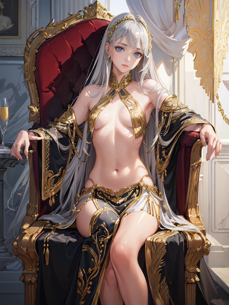 (Photorealistic:1.4), (Masterpiece, Sidelight, Exquisite Beautiful Eyes: 1.2), Realistic, 3D Face, Glistening cold Eyes, Glossy Skin&long silver hair,bangs ,Small, gold intricate outfits&throne,Solo,(Abdomen),