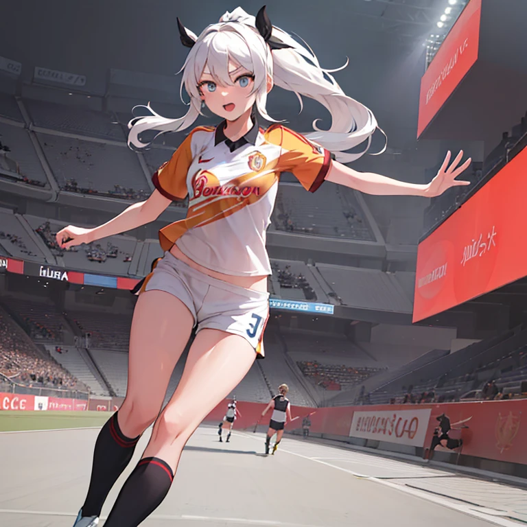 masterpiece, best quality, 1girl, solo, kiana_flamescion, long white hair, ponytail, blue eyes,Kiana wear Galatasaray football shirt,in stadium,running,soccer ball,doing dribling,wear like footballer,