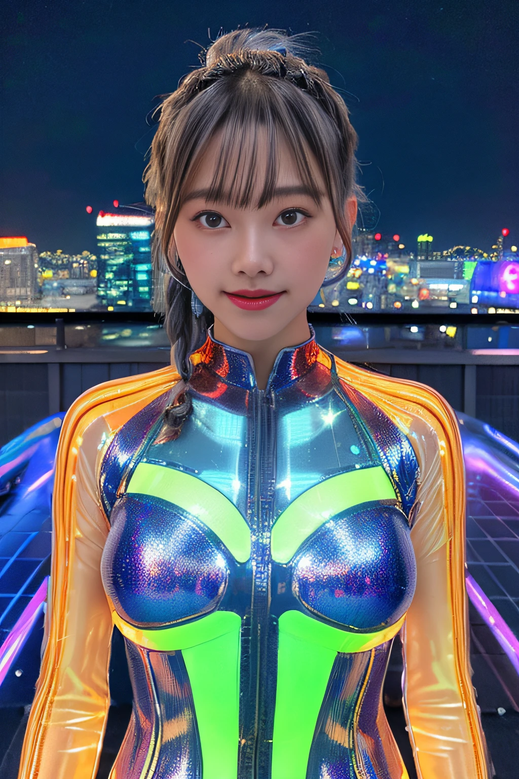 Cyber City at Night,(Gorgeous night view illumination:1.3),(Stand on the roof of a building:1.3)The actress is a very beautiful adult woman....(Sexy super shiny orange transparent holographic mechanical cyberpunk suit:1.3) ,(Mechanical suit that lights up with brightly colored LEDs:1.3),Surrounded by a network of wires. Surrounded by a web of circuits.Sexy face, a necklace,piercings, Happy smile.Sexy Pose, (Silver hair、Ponytail twisted buns adorned with elaborate braids and beads,Braided Setup Fishbone Hair,),(Bangs are see-through bangs),(hair pin、poneyTail、Floating hair、),breast slip,(Emphasis on large breasts:1.3),profetional lighting,Cinematic Light,(masutepiece,top-quality,Ultra-high resolution output image,) ,(The 8k quality,),(Sea Art 2 Mode:1.3),,(Image Mode Ultra HD,)