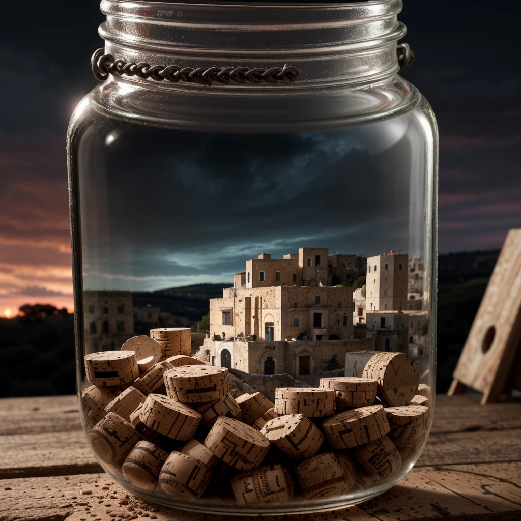 (An intricate minitown Matera landscape trapped in a jar with cork), atmospheric greenish lighting, Realism, film grain, super detail, on a white desk, it's raining inside the jar. 4k UHD, dark vibes, hyper detailed, vibrant colors reddish sky background, epic composition, octane render, sharp focus, high resolution isometric, closeup view.