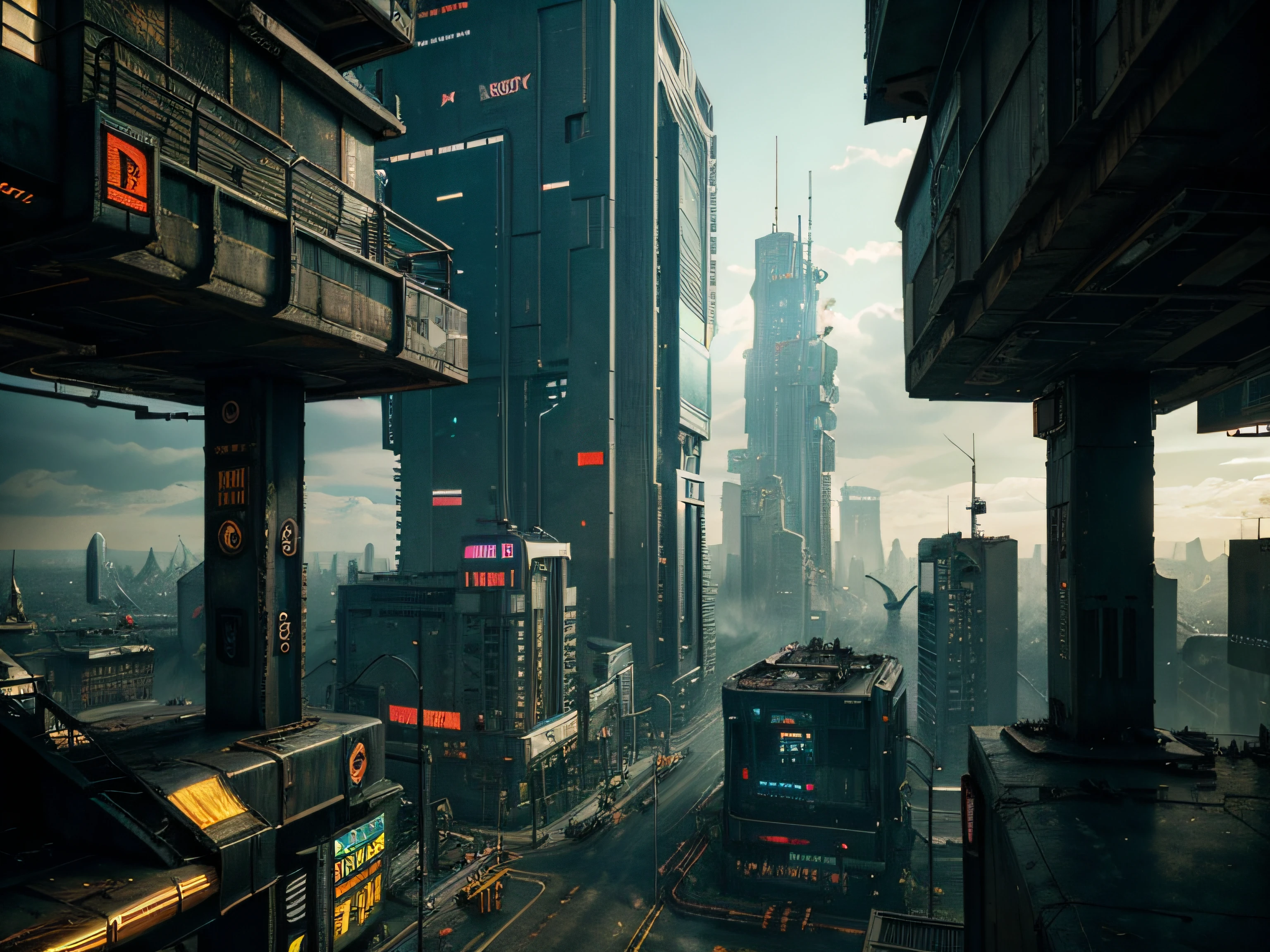 feel good inc, scenic, cyberpunk, futuristic, buildings, post apocalyptic,