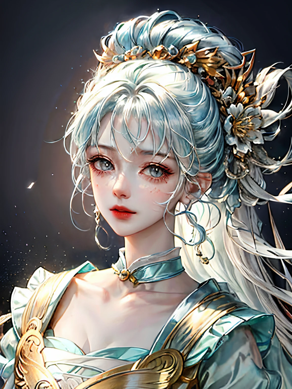 (masterpiece), (best quality), (ultra detailed),(disheveled hair),(illustration), (1girl), (Fashionable clothing), standing, Fashion model, looking at viewer, (interview), (simple background),beautiful detailed eyes, delicate beautiful face, Floating,(high saturation),(colorful splashes),colorful bubble,(shining), focus on face,  ponytail, kamisato ayaka, light blue hair, bangs, hair ring, floating flowers, floating hairs, (shining), best lighting, best shadow,