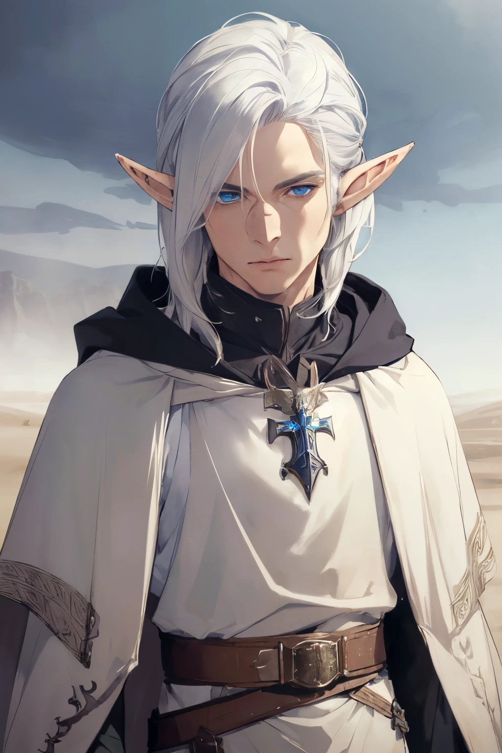 (((full portrait of a male elf))) full lenght portrait, white hair, pale skin, deep blue eyes, bow on his back, dark grey cape and hood, brown leather armor, walkin in a desert, sandstorm, steampunk style, dark atmosphere ((best quality)), ((masterpiece)), (detailed), perfect face