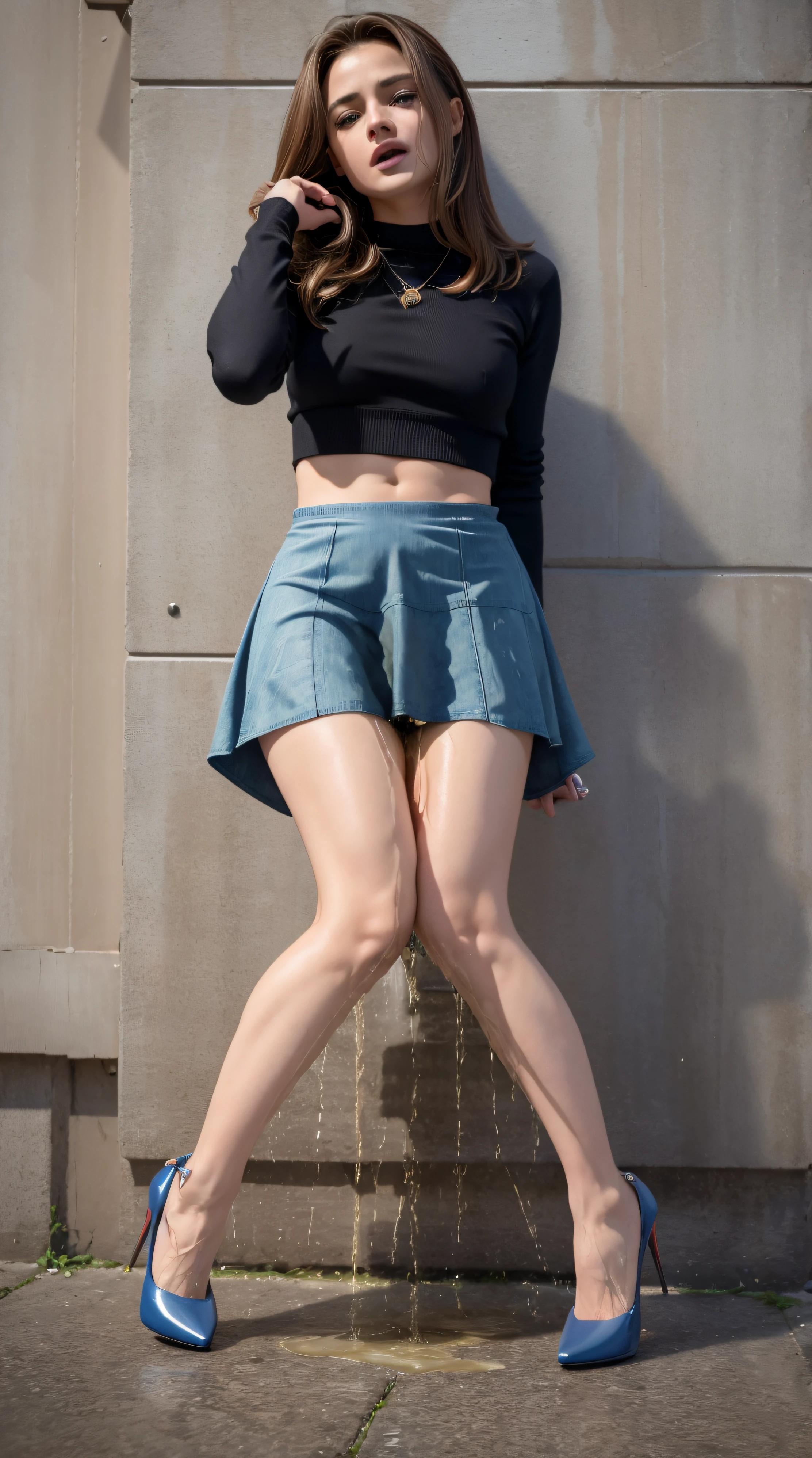 (Obra maestra, 16k,8k,4k ,Ultra detallado:1.1),(Cara hermosa:1.1),(1girl:1.1),25yo,Super model body, perfect legs, (Lift Jewelry:1.3),(urination:1.5),(avergonzado:1.3), provocative (mini skirt:1.5), sexy stilettos, hight heels, pantyhose, curly brunete girl, peeing self, wetting her clothes, can't hold her pee face, wetting herself desperate, pee desperation pose, her body can't hold her pee and wets herself on a crowded city in absolute desperation, pee runing down her legs, standing up, hyper pee desperate face, big pee pudle