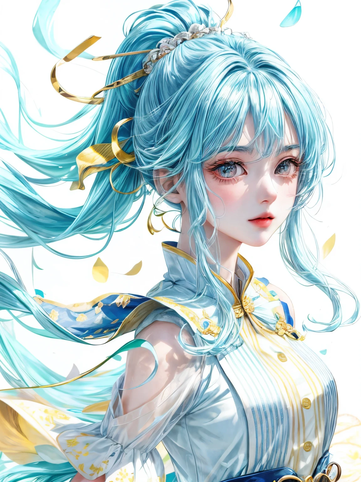 (masterpiece), (best quality), (ultra detailed),(disheveled hair),(illustration), (1girl), (Fashionable clothing), standing, Fashion model, looking at viewer, (interview), (simple background),beautiful detailed eyes, delicate beautiful face, Floating,(high saturation),(colorful splashes),colorful bubble,(shining), focus on face, ponytail, kamisato ayaka, light blue hair, bangs, hair ring, floating flowers, floating hairs, (shining), best lighting, best shadow,