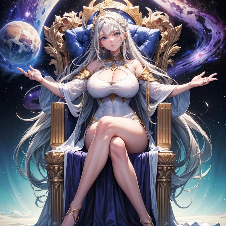 (masterpiece),(top-quality),(best quality,4k,8k,high),(full body), 1woman, godess, Skin coolor ((Cosmic skin coolor)), tall, beautiful body, big breasts, long hair, Hair coolor ((Cosmic coolor hair)),  Eye coolor ((White)), long dress, dress coolor, ((Cosmic coolor dress)), Siting on throne, (Siting on big throne),