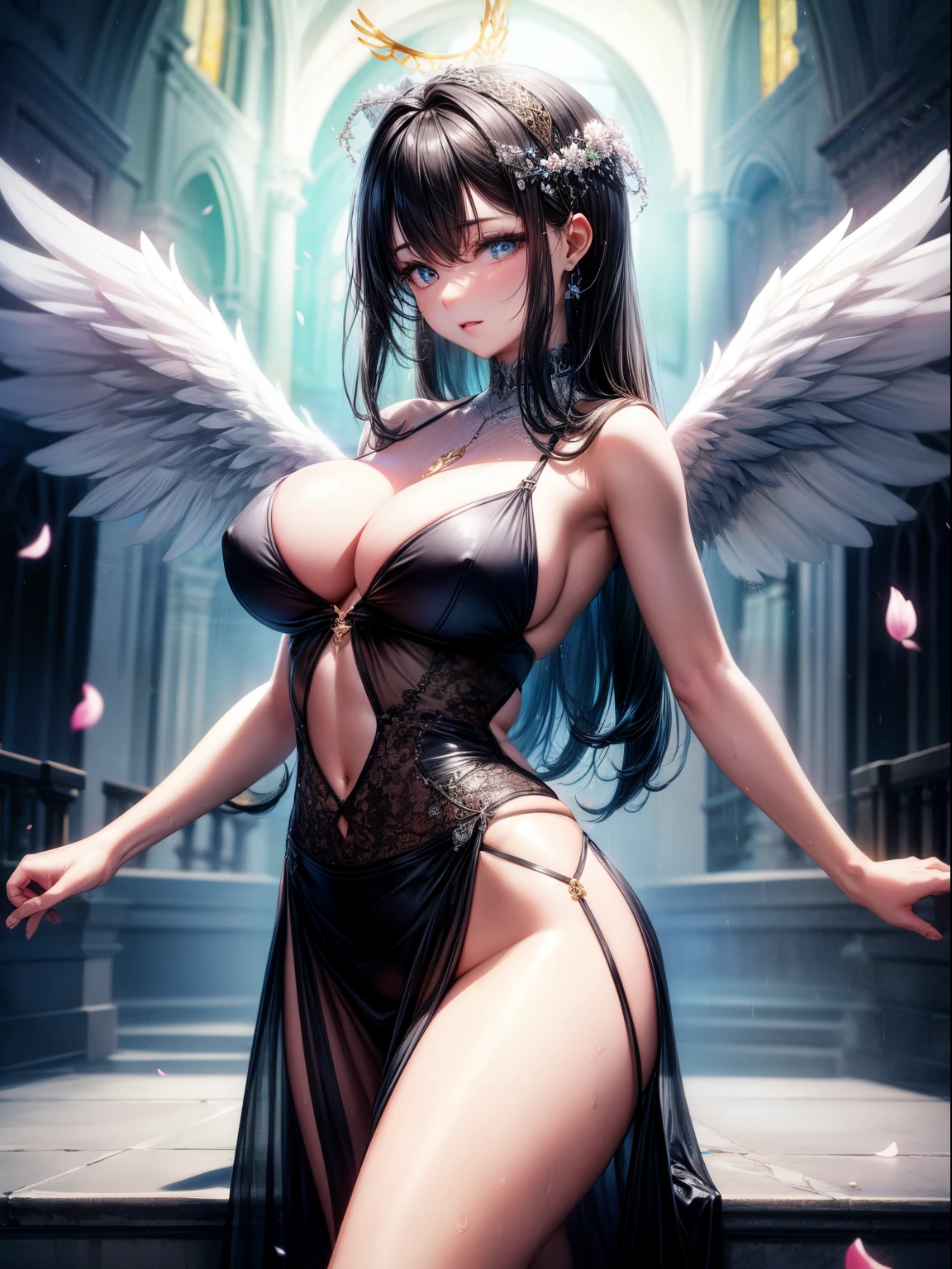 （8K ，hyper-detailing，ultra real photo，Best masterpiece，natural，Perfect artwork，Perfect female body），Cute busty girl ，Hair color，（large tities），Angelic，obsessed，the angel's wings，The halo，Beautiful church，beautiful rain of petals，Gorgeous accessories，golden brilliance，Wearing a see-through sexy black gauze skirt，Sexy transparent black dress，ssee-through，Built-in thong，The cracks are relatively large，stretch the meat，Raised sexy，Flirtatious，obscene exposure