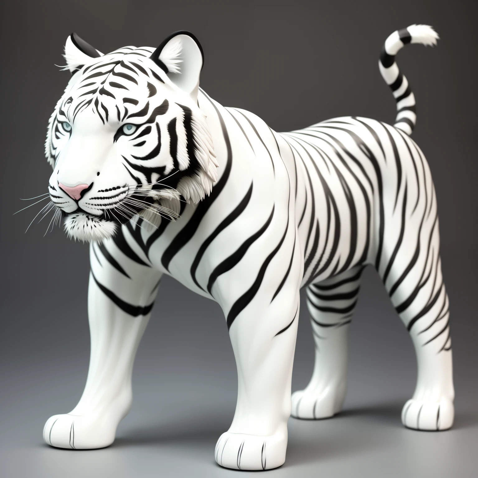 Hyper-realistic ceramic sculpture，shaped like a white tiger，painted ceramic，Infused black and white porcelain tiger feather texture pattern，porcelain