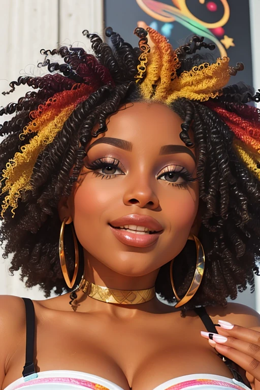 Post: Close de Beleza: Celebrate Diversity with a Black Woman with Curly Hair Description: Create an amazing close-up image of a stunning black woman with curly hair. She is wearing a gold top, enhancing your radiant skin. With a hand gently in your hair, showing pride in your natural roots, and the other hand on your waist, exuding confidence. Add a special touch with the phrase “Thank you” in bold letters at the bottom of the image. Celebrate the diversity and unique beauty of Black women with this powerful and authentic look.