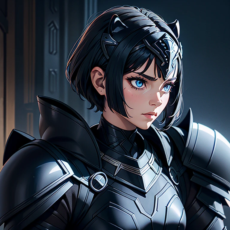 A woman wearing a black panther armor,, Saint Seiya, Black panther Armor, panther helmet, Dark blue hair, short hair, , Charismatic character, Avatar de seconde vie, Nice screenshot, Femme seduisante vue complète du corps, High quality, very detailed skin