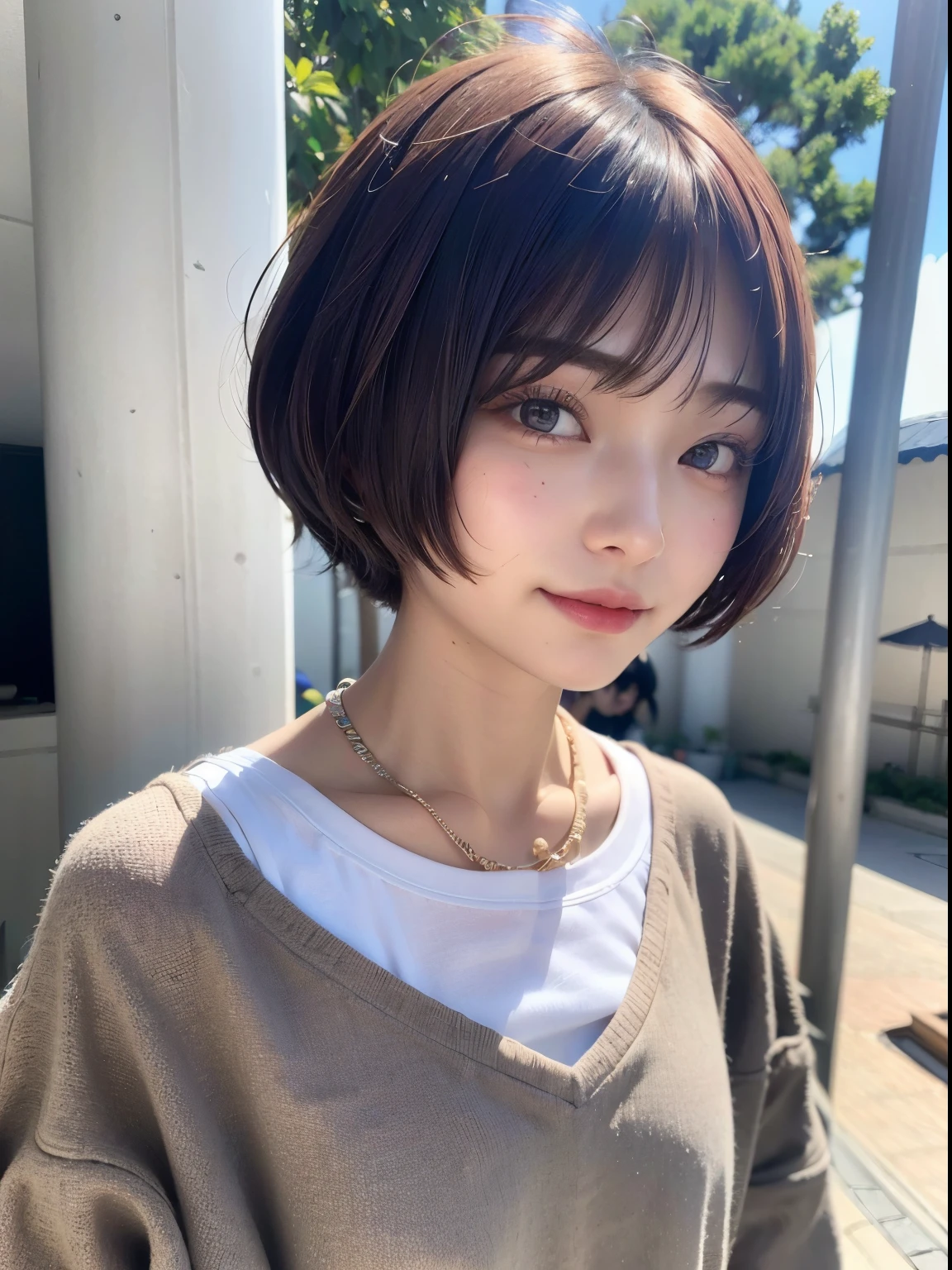 ((top-quality))、(​masterpiece:1.4)、Raw photography、8K、((Top image quality))、 ((hight resolution))、Beautiful face in every detail、Realistic human skin、Gentle expression、(One lady:1.3 )、realisitic、Photorealsitic、(extra very short hair:1.4)、(Beautuful Women)、(cute Japanese girls)、(boyish:1.35)、((mannish))、((Pretty Woman))、(Beautiful hair)、((dark brown  hair))、(((Red cheeks)))、((Her eyes are big))、20-year-old beauty、(her face is small:1.7)、small head、((long neck))、pale skin、Spot-free skin、With bangs、Everyone longs for、japanese beautiful woman、eight heads high、(((date)))、((girlfriend))、(a necklace)、blue-sky、Looking at the camera、(Concert T-shirt)、smil、(Oversized clothes:1.375)、Happy look、