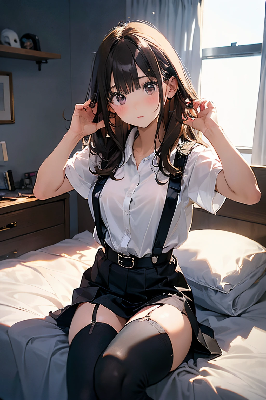 flat-colors、depth of fields、lens flare 1 girl、、Brown hair、watching at viewers　　　black suspenders　　　Bulging big breasts　　 　 　　　walls: 　Black miniskirt　garters　　　　　　Gaze　　　Small face　bangss 　　　　　a belt 　Beautuful Women　hands up　Lying in bed　 　　sideways eyes