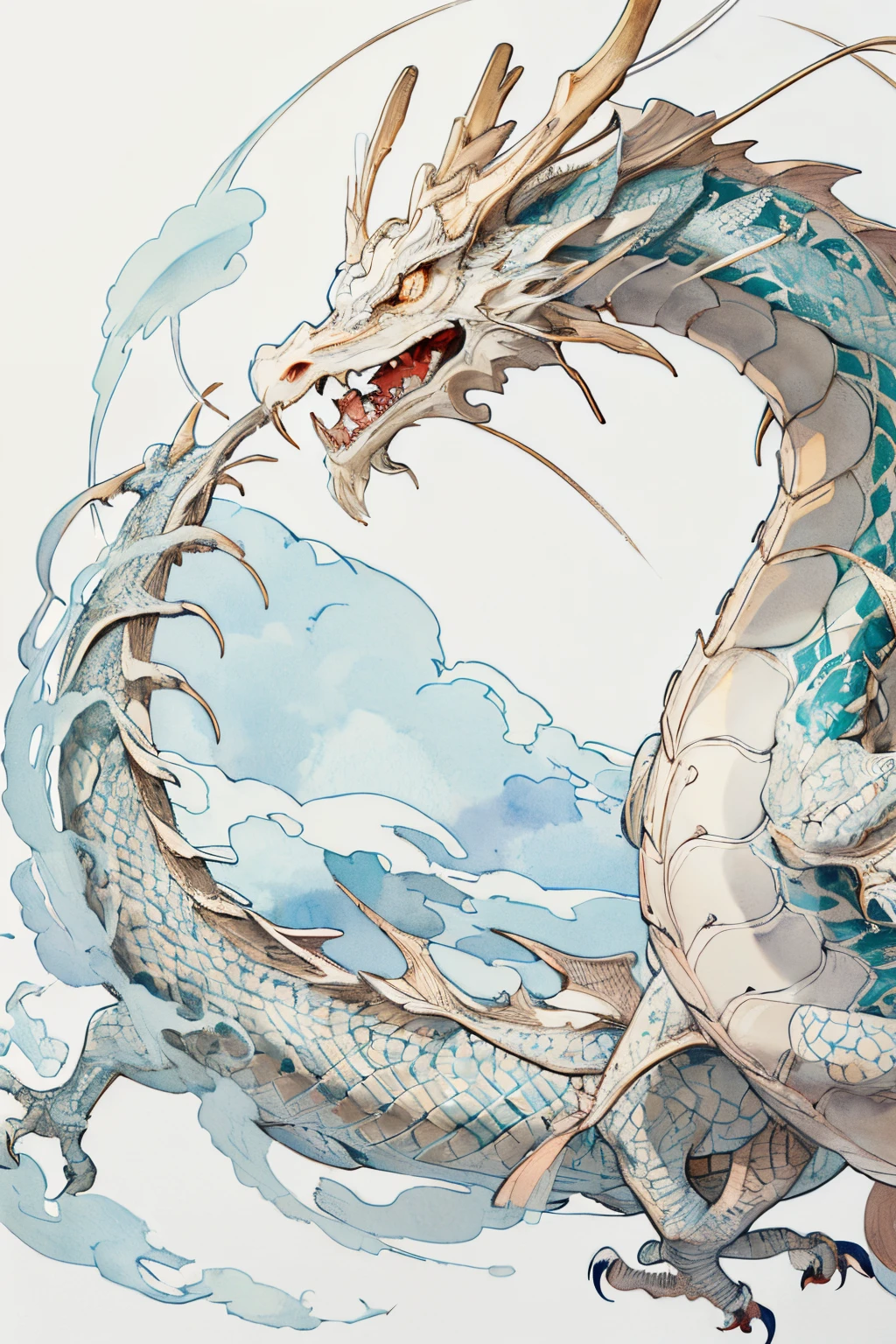 Cute Dragon、Deformed Dragon、A dragon is written inside a round circle..、(White background:1.2)、A small dragon surrounded by white clouds、ink and watercolor painting、Black and white world、(line-drawing)、line-drawing、Pen drawing、(Tattoo patterns:1.2)、(complex lines)、(masterpiece)、(top-quality:1.1)、(ultra-detailliert)、The best illustrations、finely detail、hand-drawn high quality、(Clean lines:1.3)、ink and watercolor painting(intricate-detail:1.3)、(detailedbackground:1.2)、(coloured background:1.1)、Sketched,intricate detailes,hight resolution