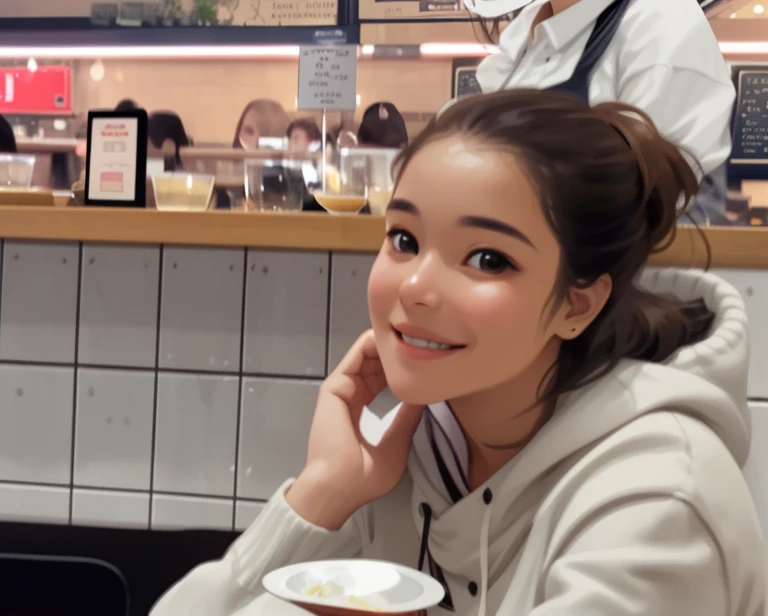 there is a woman sitting at a table with a plate of food, photo of young woman, sitting in a cafe, slightly smiling, candid shot, candid picture, very slightly smiling, candid portrait, sara ali, candid photo, not smiling, detailed unblurred face, student
