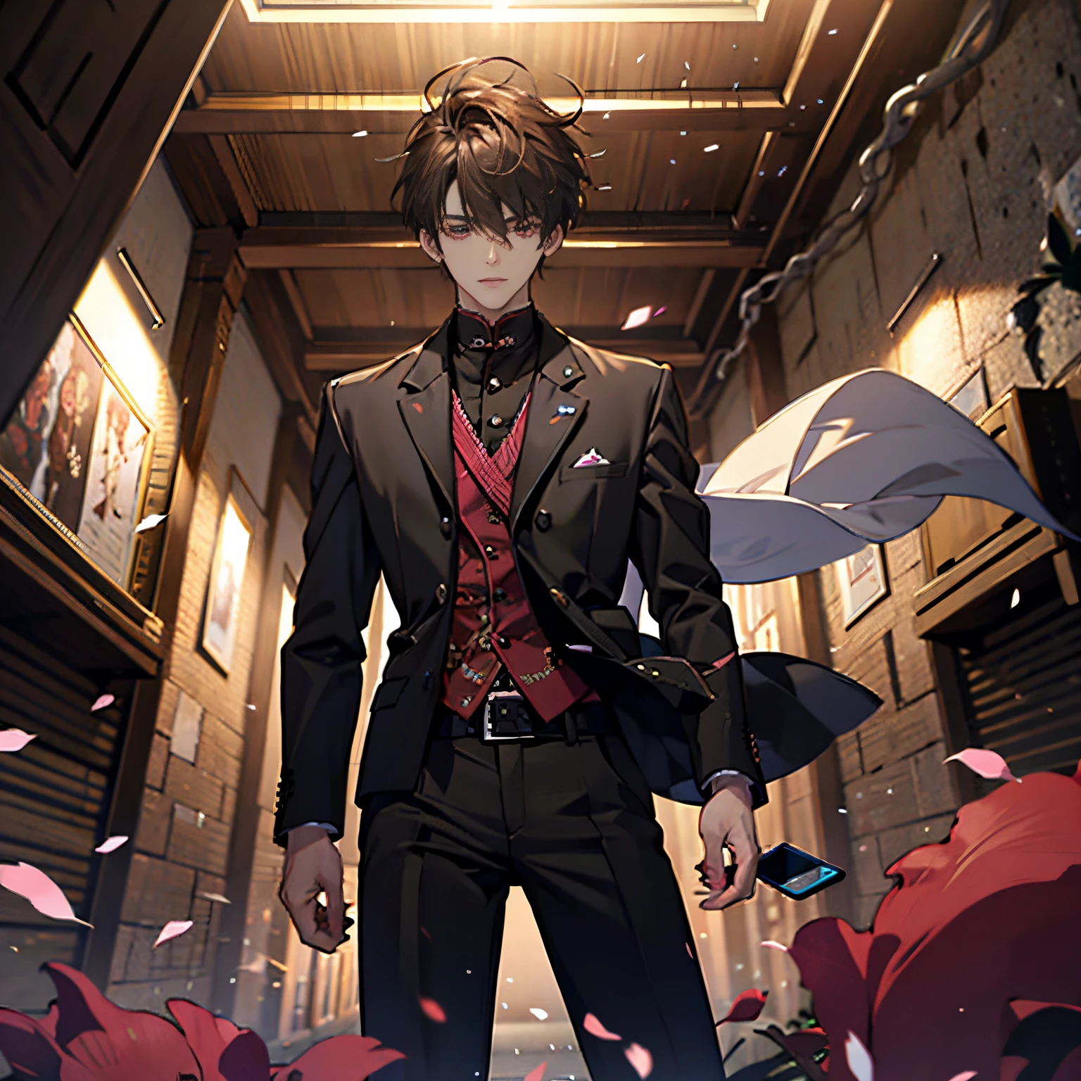 (absurderes,A high resolution,ultra - detailed,HDR),tmasterpiece,best qualtiy,1boy,独奏,handsome,short detailed hair,brunette color hair,with brown eye,Fine eyes and detailed face,Pale and white skin,Pink big breasts,,holding cell phone,self-shot,The bedroom is the background,from below,