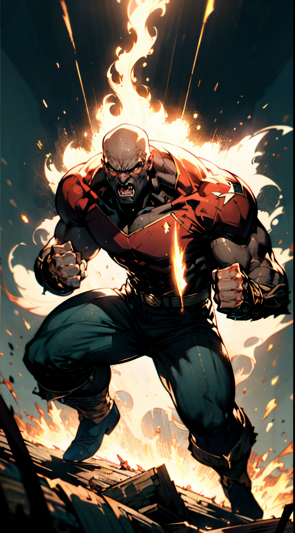 A middle-aged man with golden short hair, an upright hairstyle, thick eyebrows, an angry gaze, an excited expression, open mouth roaring, a robust figure, a sturdy stance, body inclined forward, hands tightly clenched into fists, ready for battle, tattered fantasy-style clothes made of worn-out fabric, coarse fabric trousers, canvas shoes, entire body emits a blood-red fighting spirit energy, powerful energy gathers in his hands, the background depicts a battlefield on a wilderness, this character embodies a finely crafted fantasy-style berserker in anime style, exquisite and mature manga art style, high definition, best quality, highres, ultra-detailed, ultra-fine painting, extremely delicate, professional, anatomically correct, symmetrical face, extremely detailed eyes and face, high quality eyes, creativity, RAW photo, UHD, 8k, Natural light, cinematic lighting, masterpiece-anatomy-perfect, masterpiece:1.5