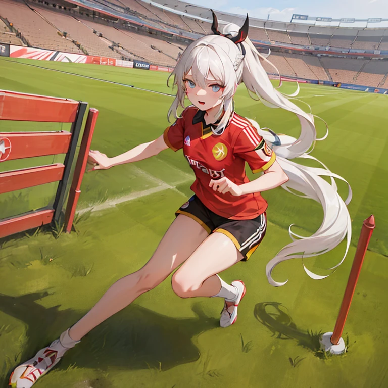 masterpiece, best quality, 1girl, solo, kiana_flamescion, long white hair, ponytail, blue eyes,Kiana wear Galatasaray football shirt,in stadium,running,soccer ball,doing dribling,wear like footballer,Galatasaray amblem,black and red Galatasaray football t-shirt,soccer stadium with perfect grass,