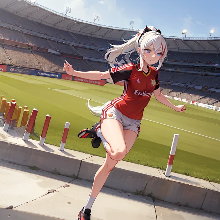 masterpiece, best quality, 1girl, solo, kiana_flamescion, long white hair, ponytail, blue eyes,Kiana wear Galatasaray football shirt,in stadium,running,soccer ball,doing dribling,wear like footballer,Galatasaray amblem,black and red Galatasaray football t-shirt,soccer stadium with perfect grass,