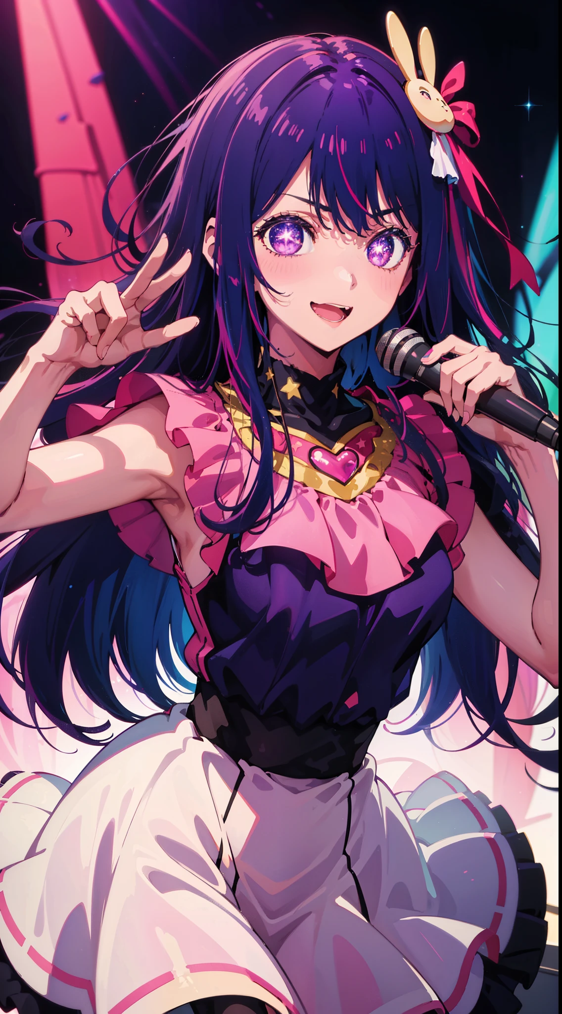 masuter piece, Best Quality, 超A high resolution, top-quality, Anime style, Best Lighting, Beautiful face, (1girl in,),Dancing,(((Ai Hoshino Dresses))),Six-pointed star in the eye,Microphone in right hand,((Colorful atmosphere)),Wink,(((cute-style))),((Saturated colors)),(Ai Hoshino),Big eyes,Eyes of Fantasy,Purple hair,Happy,Hair Accessories,((High quality)),touch pink and black dress,Anime Idol,