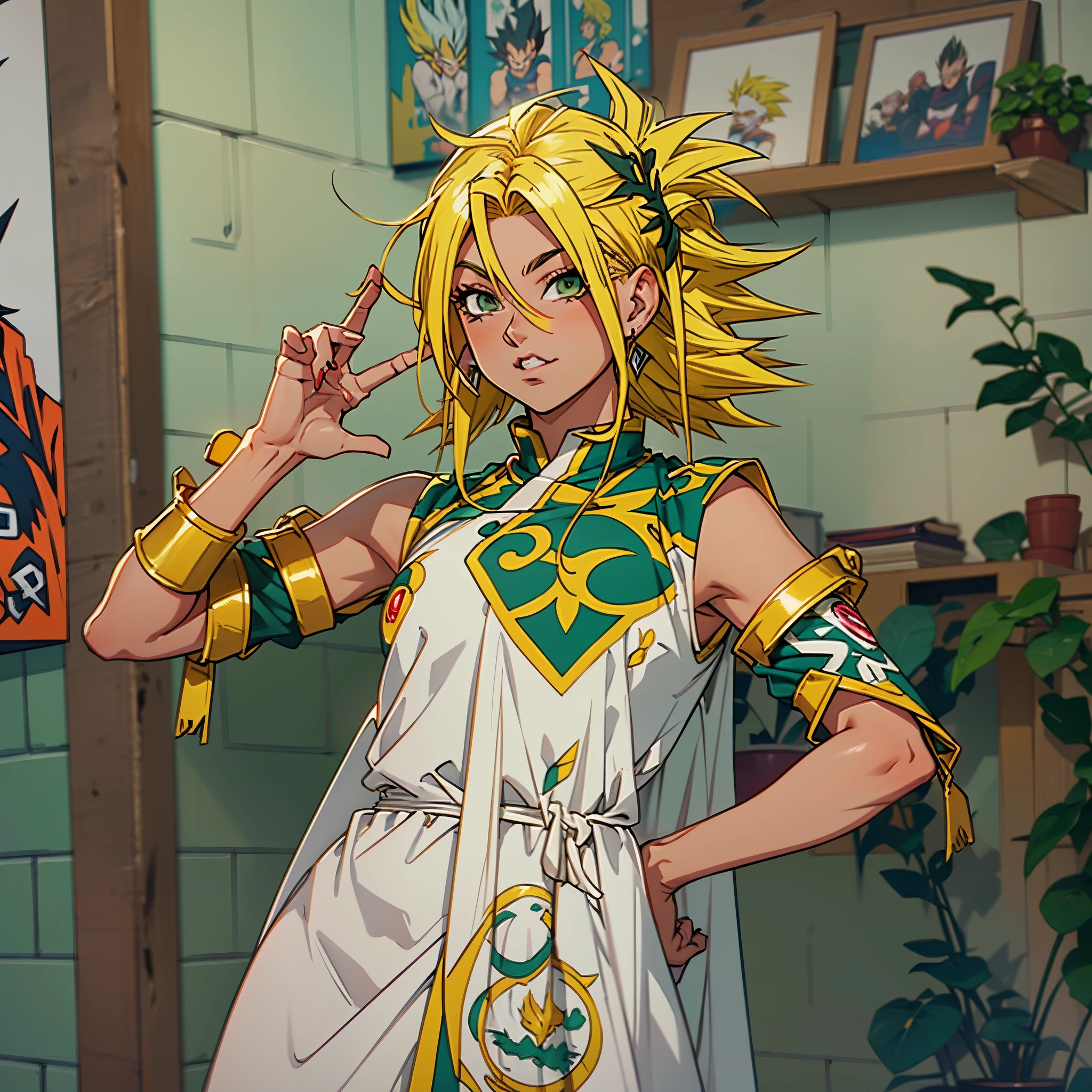 arafed woman in a white dress with green and gold accents,2D,Comic style, comics, dragonball,Son Goku,quadratic element,shoun,head portrait,super saiyan, ((yellow hair:1.3)),(blond hair:1.3), goku, super saiyan, dragon ball concept art, dragon ball artstyle,4k, manga wallpaper,