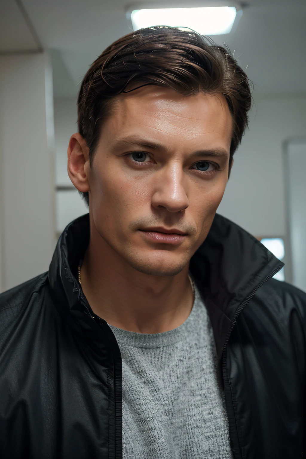 Portrait, real-photo, beutiful, thin and tall young man, about 30 years, looks like Robert Patrick, Wrinkle-free, Short hair, not a studio photo, blue eyes, with a long straight nose, Hands-free, head turned straight, It's winter outside, photo to the waist, wear a black winter jacket, looking straight at camera, Thin, Correct facial features, square jaw, Wide neck,