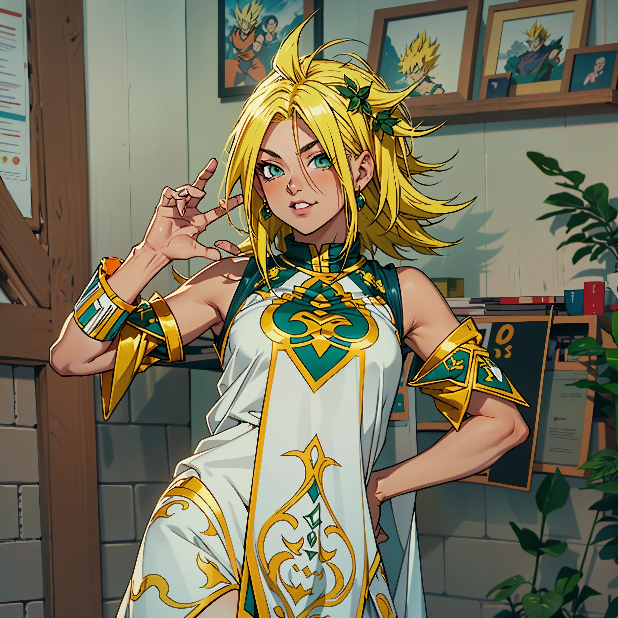 arafed woman in a white dress with green and gold accents,2D,Comic style, comics, dragonball,Son Goku,quadratic element,shoun,head portrait,super saiyan, ((yellow hair:1.3)),(blond hair:1.3), goku, super saiyan, dragon ball concept art, dragon ball artstyle,4k, manga wallpaper,